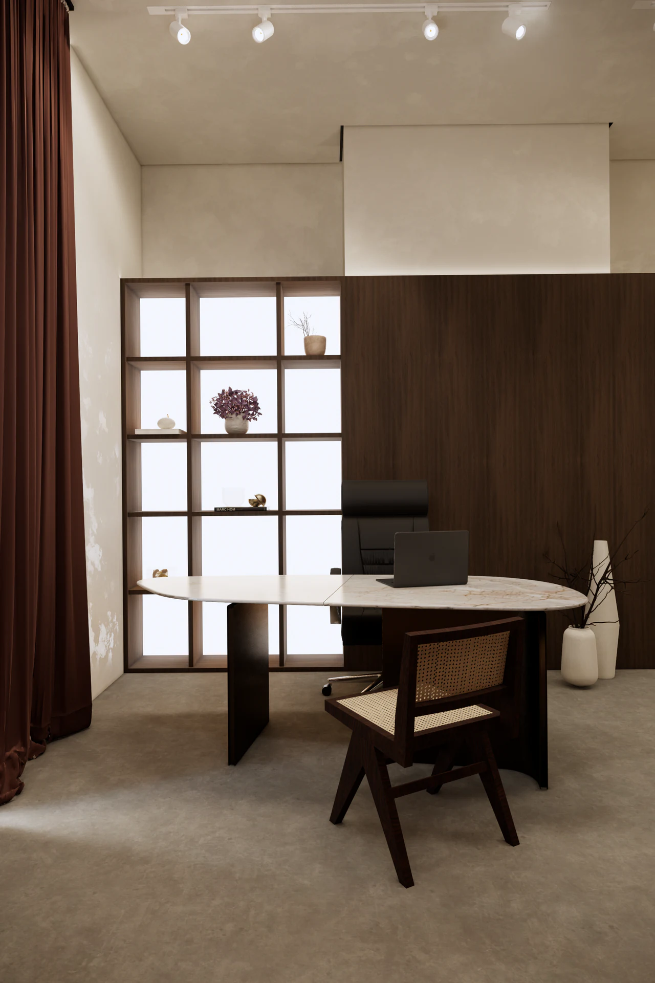 Sala do Nomma com mesa, madeira e cortina vinho